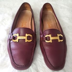 Salvatore Ferregamo leather driving loafers wine/maroonish colored size 10 woman